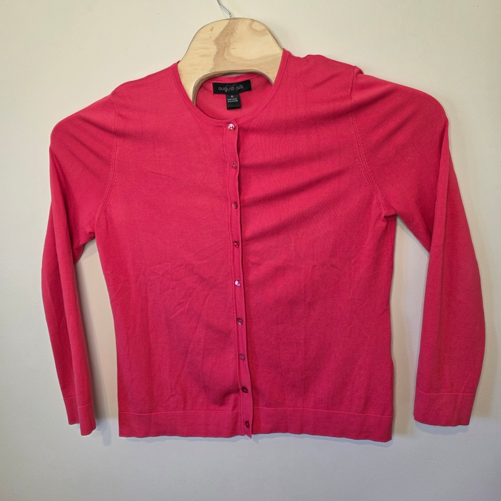 August Silk Cardigan Women XL Pink Button Front Silk Blend Soft Knit Preppy